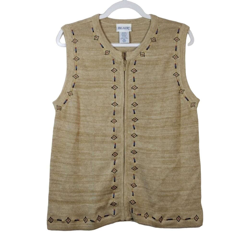 Blair Vintage Tan Knit Sweater Vest South Western Embroidery Zip Size M